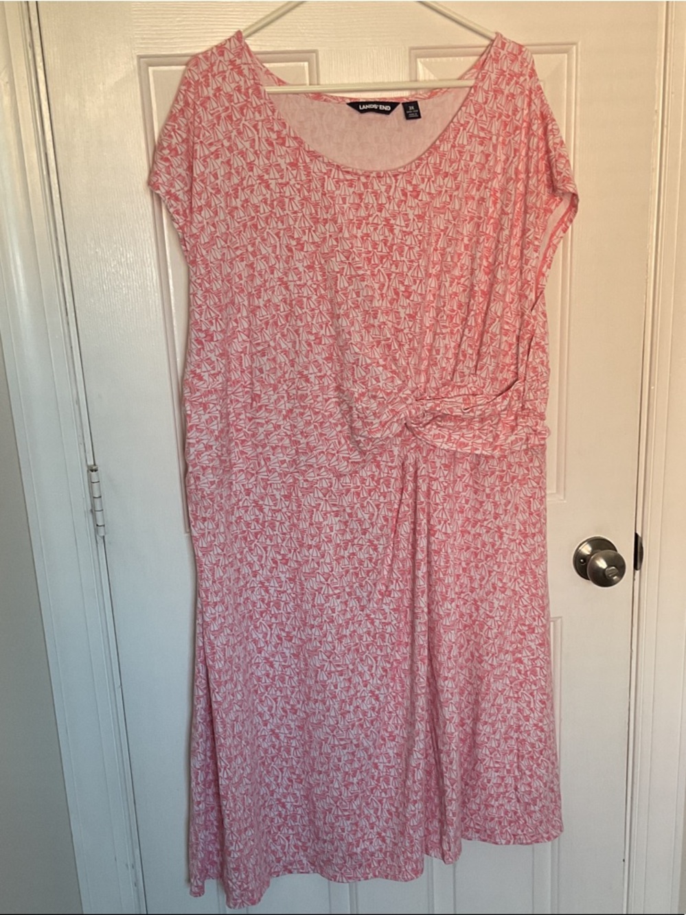Lands' End Pink Printed Knot-Front Sailboat Midi Dress Cotton Blend Plus Size